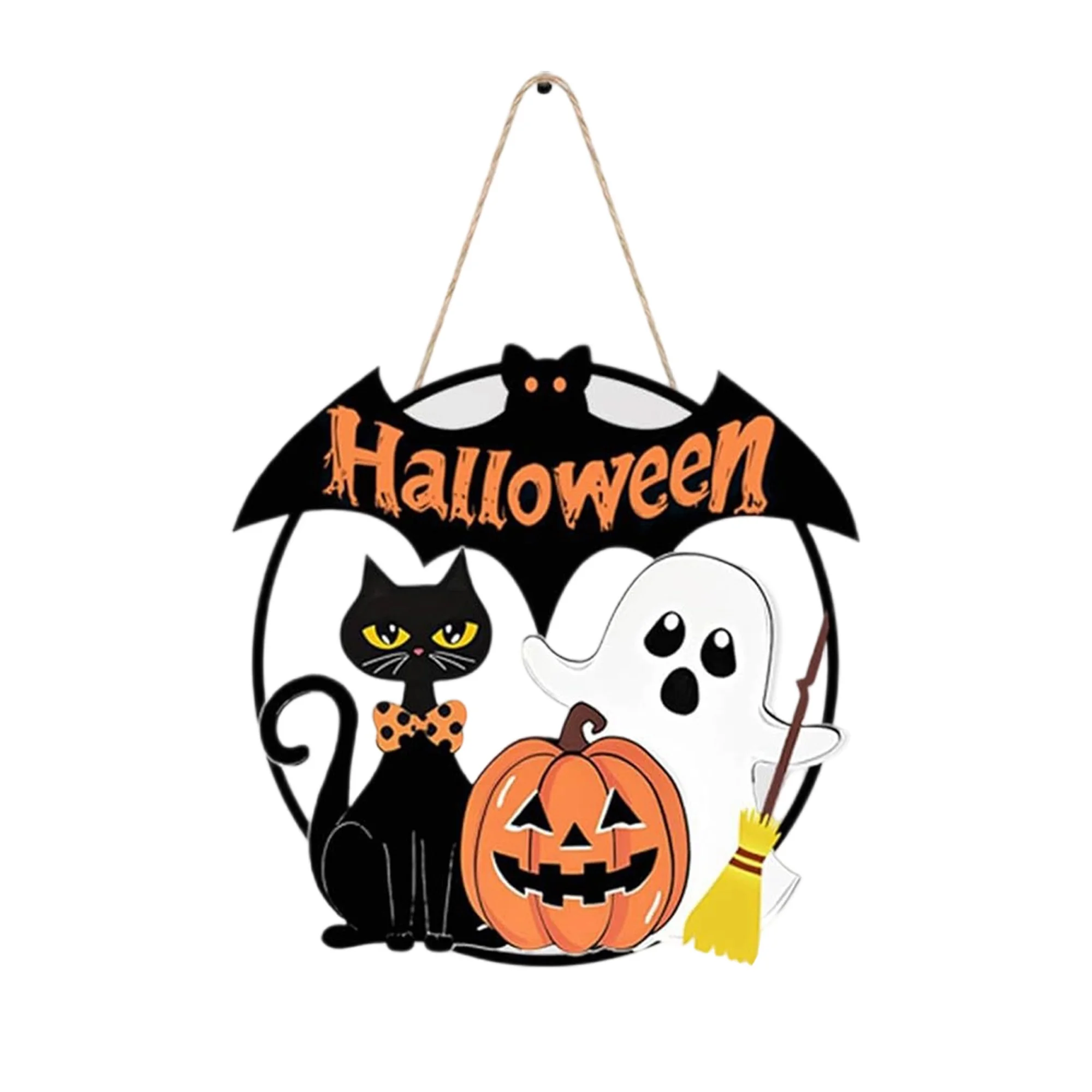 لافتة باب خشبية مخيفة للهالوين مع مضرب اليقطين الشبح على شكل قطة سوداء - ديكور معلق احتفالي للحفلات المنزلية