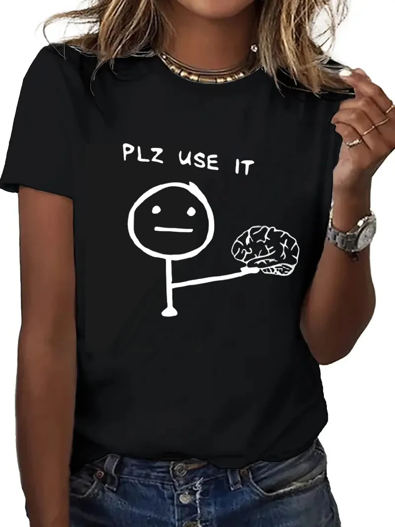 T-shirt divertente taglie forti Umoristica "PLZ USE IT" T-shirt a maniche corte con stampa cerebrale Abbigliamento Top Tee Summer Ladies Girls Tee Shirt