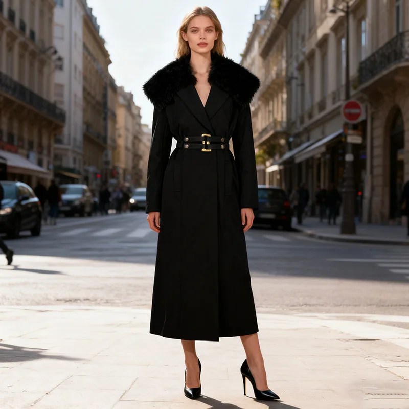 Abrigo de piel para mujer, cortavientos con cinturón, cálido invierno, Chaqueta larga de manga larga, traje Formal de oficina para invitados de boda