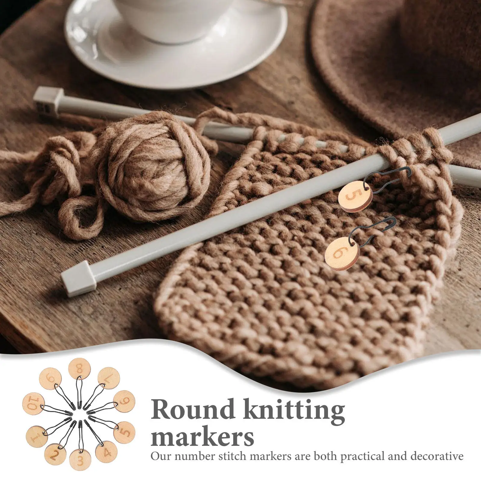 10Pcs Wooden Knit Marker Holder Metal Connector For Crochet Markers Number Set Carved Round Knitting