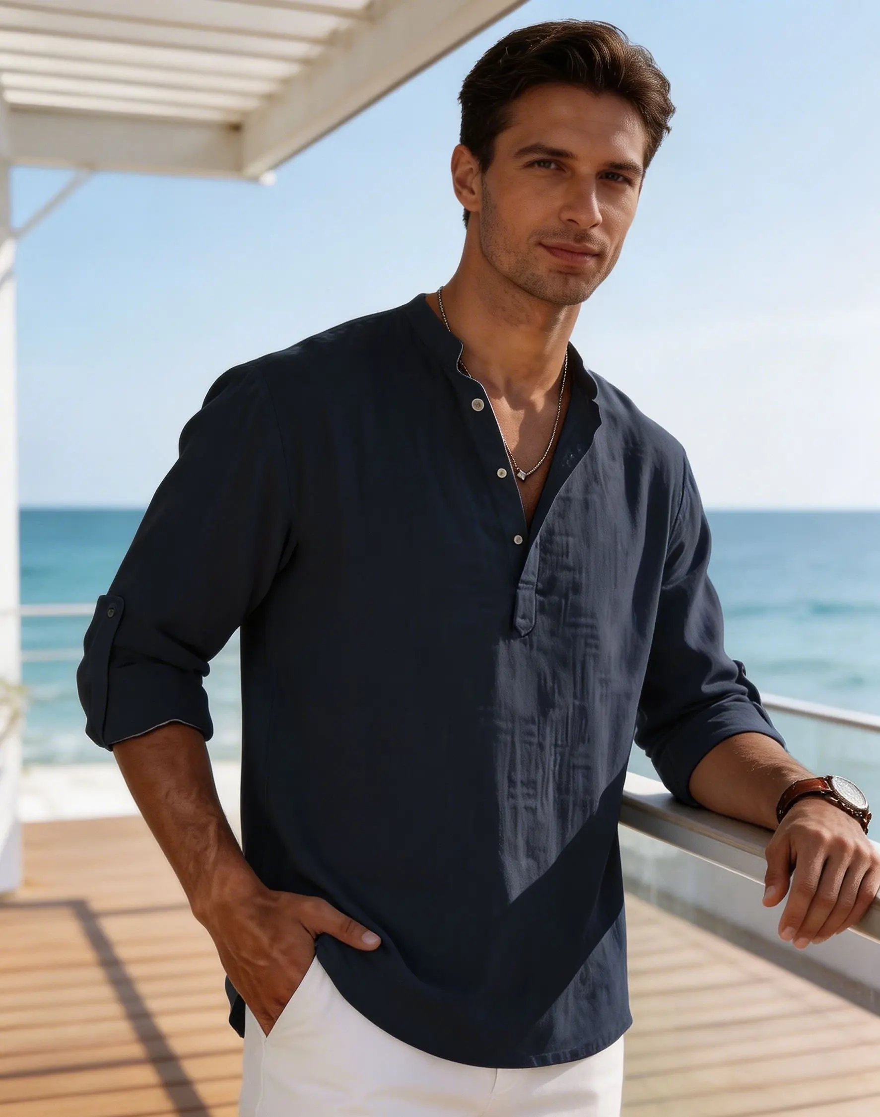 Men's Cotton Linen Henley Shirt Casual Long Sleeve Loose Fit Basic Thin Summer Tops Blouse