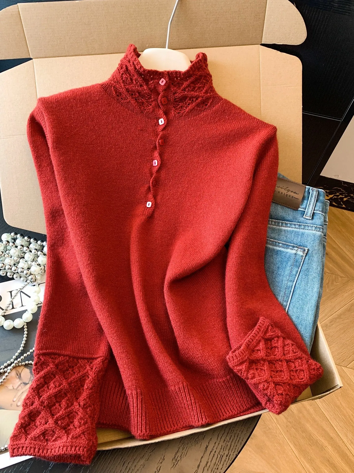 

Red Knitted Sweater Women's Autumn Winter f High Collar Inner Wear Casual Loose Fit Soft Wool Thiened Long Sve Top