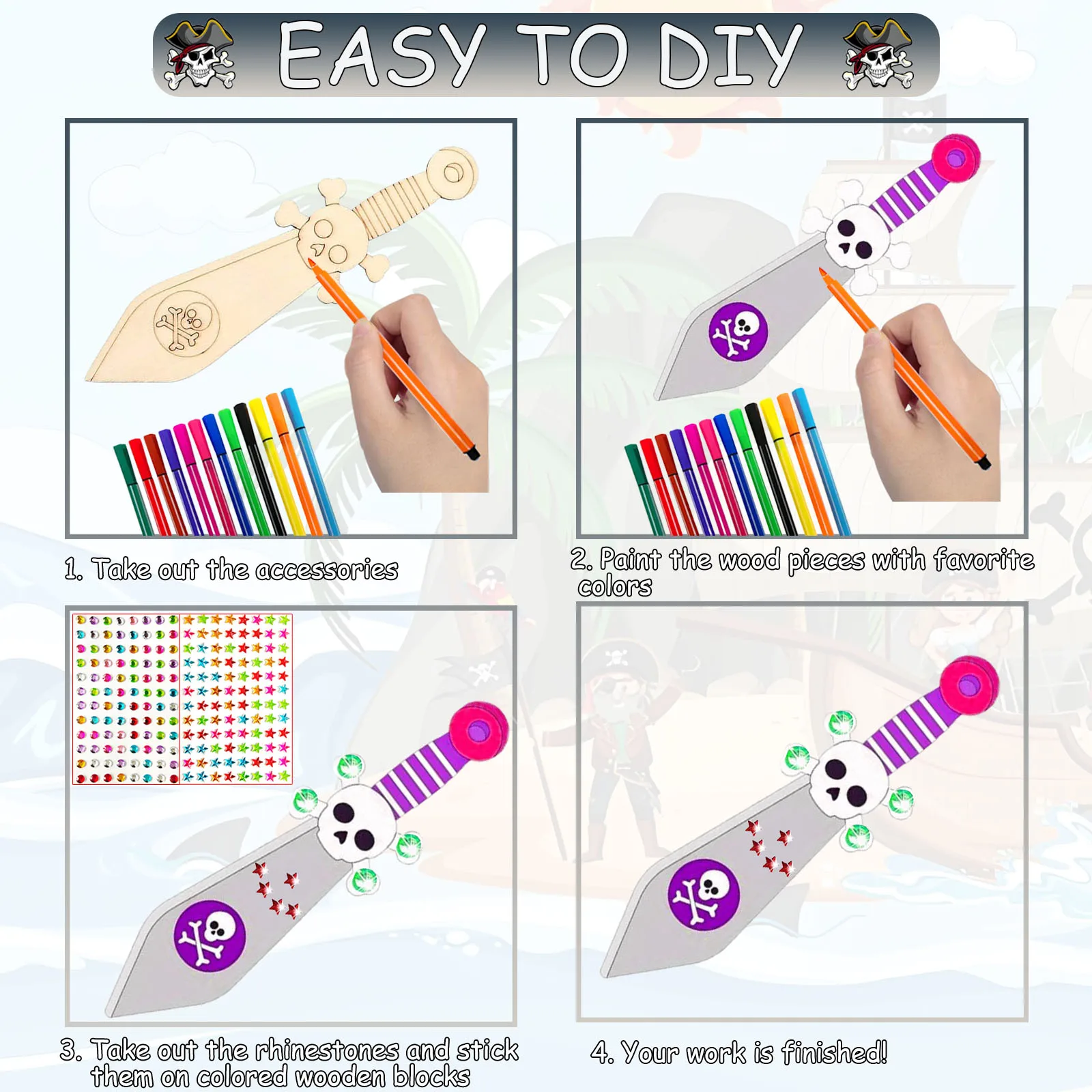 216PCS onvoltooide DIY houten piratenmessenset, houten handgemaakte schilderambachten, geschikt voor verschillende feesten, feestcadeaus