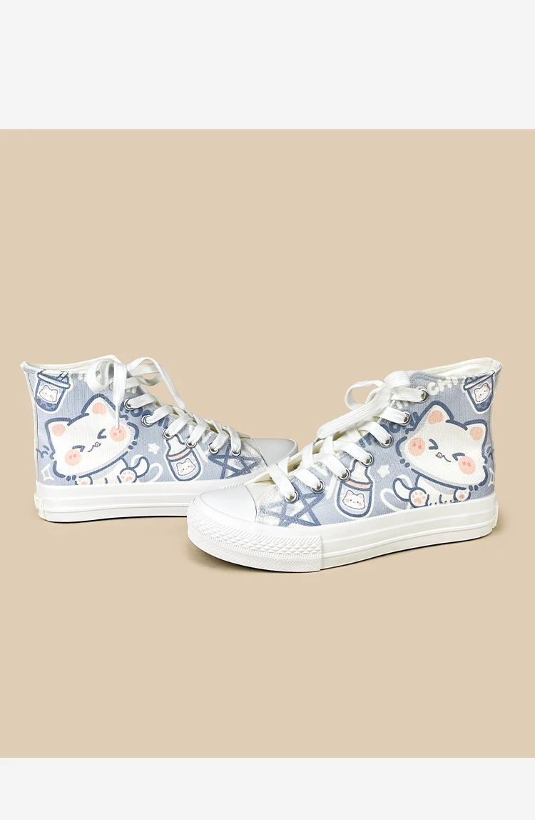 Amy und Michael Niedliche Cartoon-Katzen High-Top Canvas-Schuhe für Damen, Kawaii Weiße Schnürschuhe, Lässige Sneakers für Teenager-Mädchen, High-Top-Schuhe – Detail 10