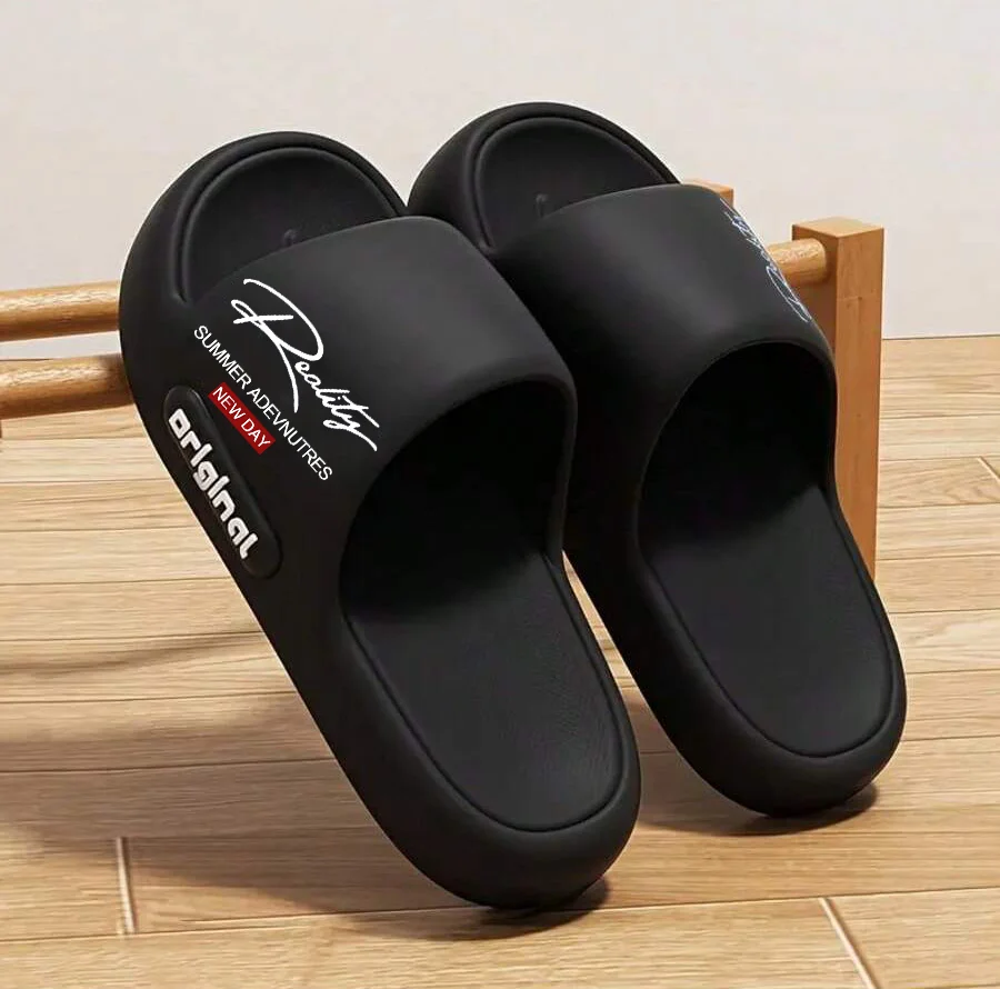 

Unisex Couple Style Spring and Summer Eva Soft Thick-Soled Ultra-Comfortable Letter-Print Indoor Bathroom Outdoor Vacation Casual Black Versatile Slide Slippers