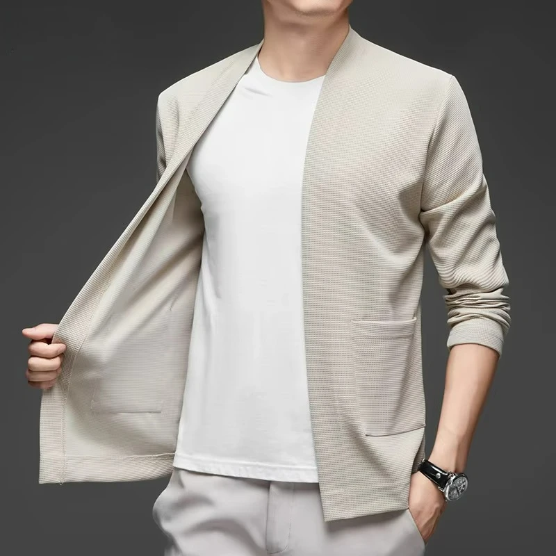 Immagine 6: Nuova Giacca Mantellina a Maniche Lunghe da Uomo, Tinta Unita, in Maglia, Comoda e alla Moda, Versatile per Tutte le Stagioni