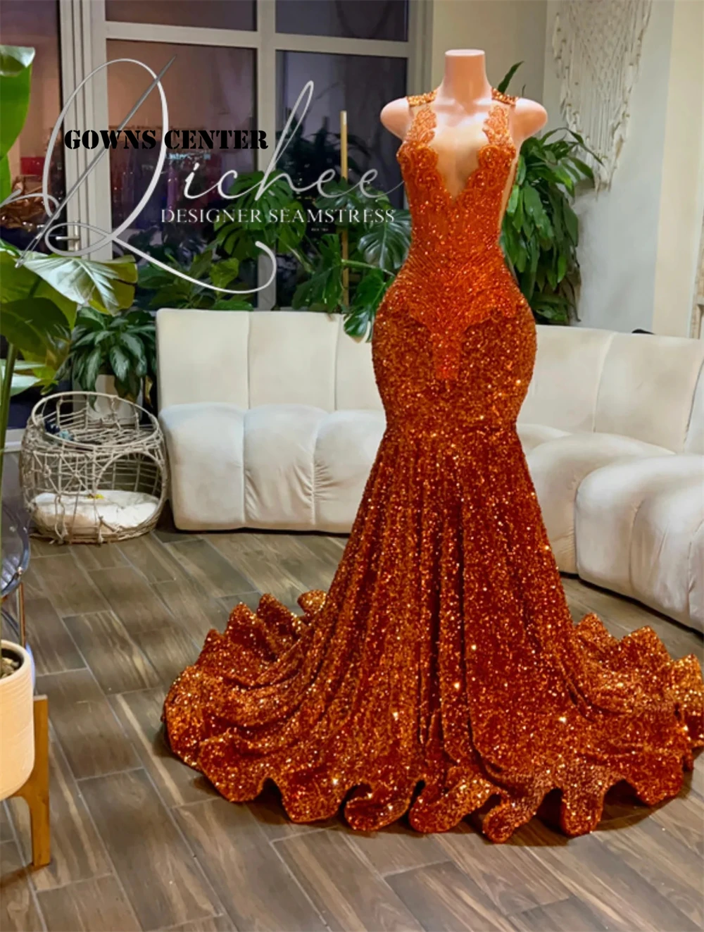 

Glitter Orange Diamonds Prom Dress 2024 Beads Crystals Rhinestones Sequin Gown Birthday Party Wedding Reception Customized