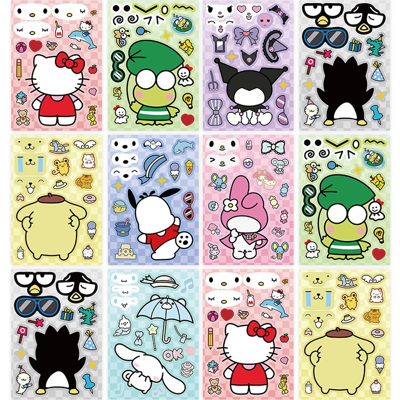 6/8Sheets Kt Cat Kuromi Melody Face Changing Stickers DIY Cartoon Combination Puzzle Decoration Stickers Children Toys Supplies