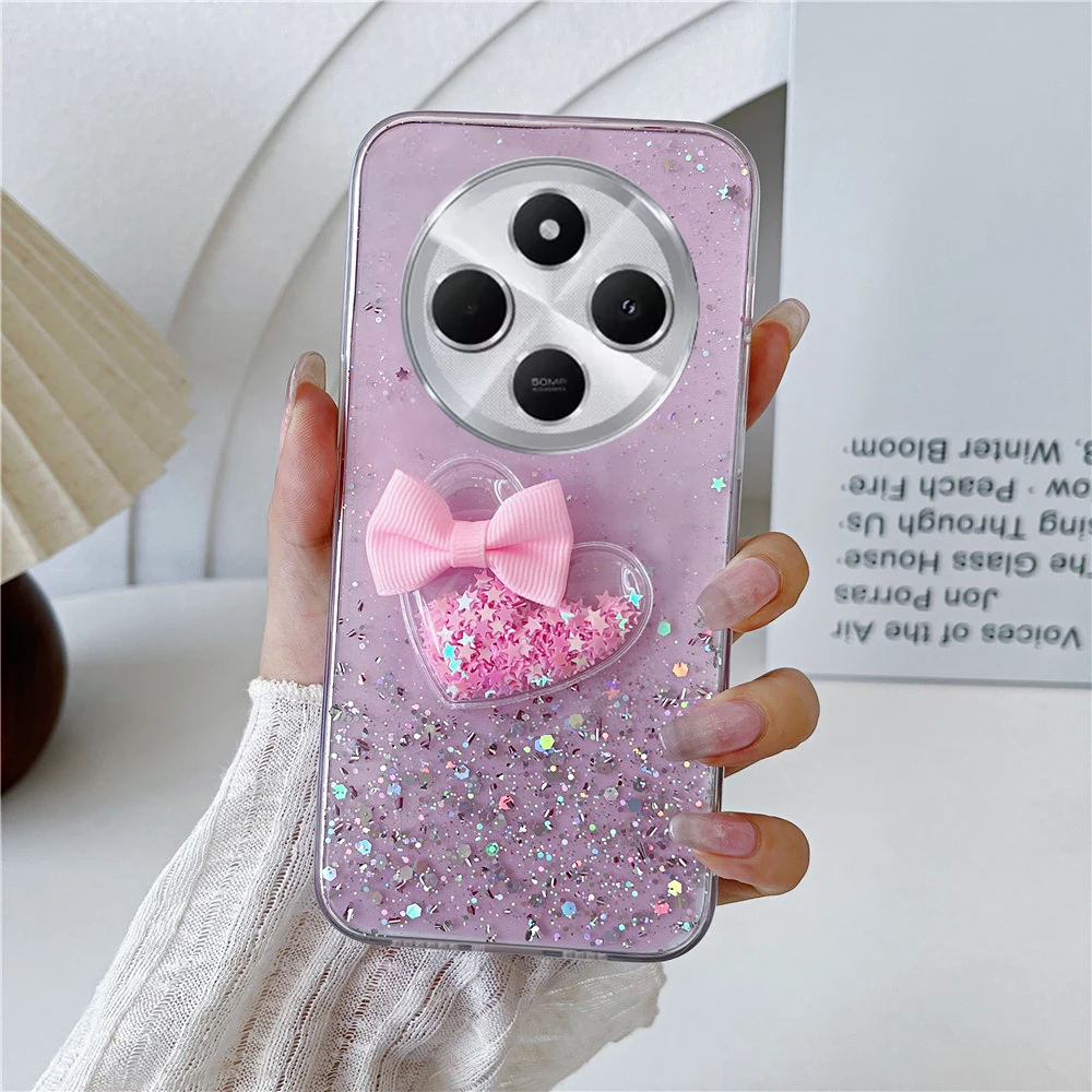 Casing Redmi 14C 3D Quicksand Love Heart untuk Xiaomi Redmi 14C 13 13C 12C 10C 9A 9C A3 A5 4G Bling Glitter Soft Cover
