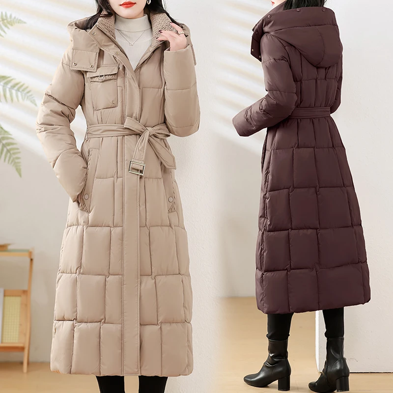 

Winter New Long Over-Knee Slimming down Jaet Women's Cotton Padded Coat with Detachable Hood Thiened Commute Sle