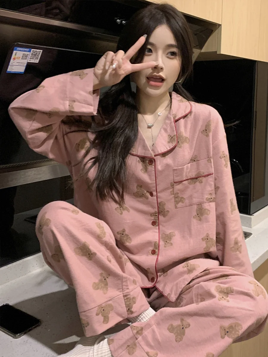 Korean Ins Style Cute Bear Pajamas Women\'s Spring and Autumn 2024 New Brushed Long Sleeve Long Pants Loungewear Set