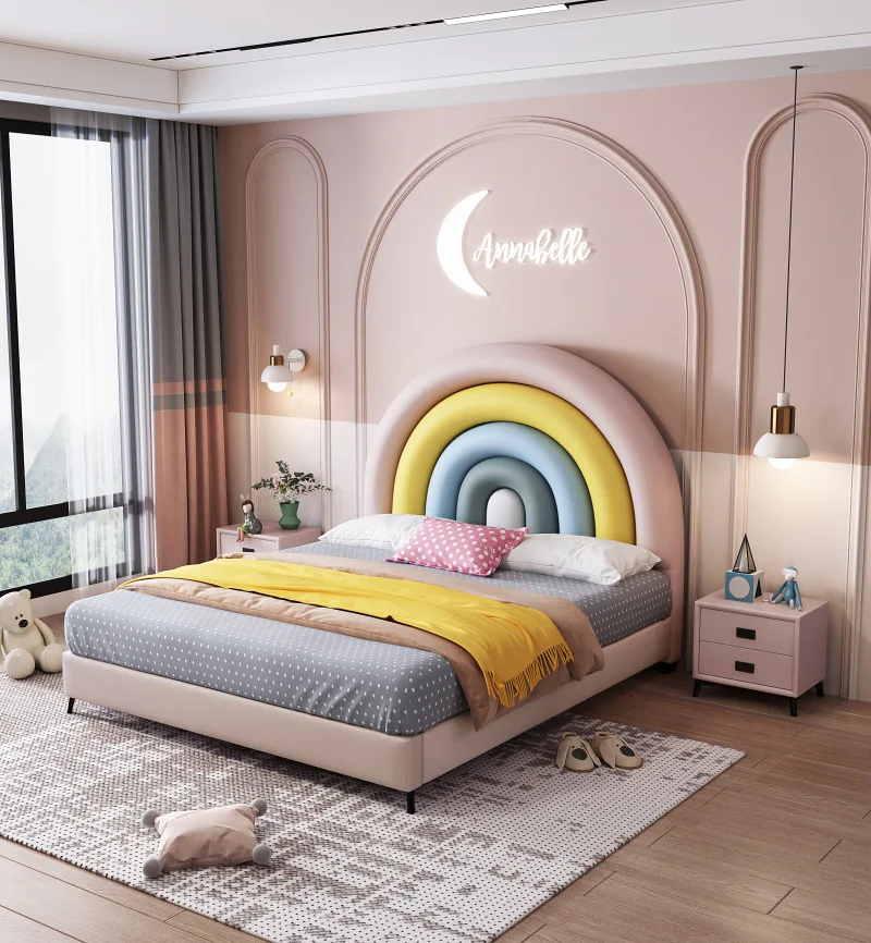 Children's bed, men's and women's new leather bed, technology fabric soft bed, youth single Korean bed, princess rainbow bed