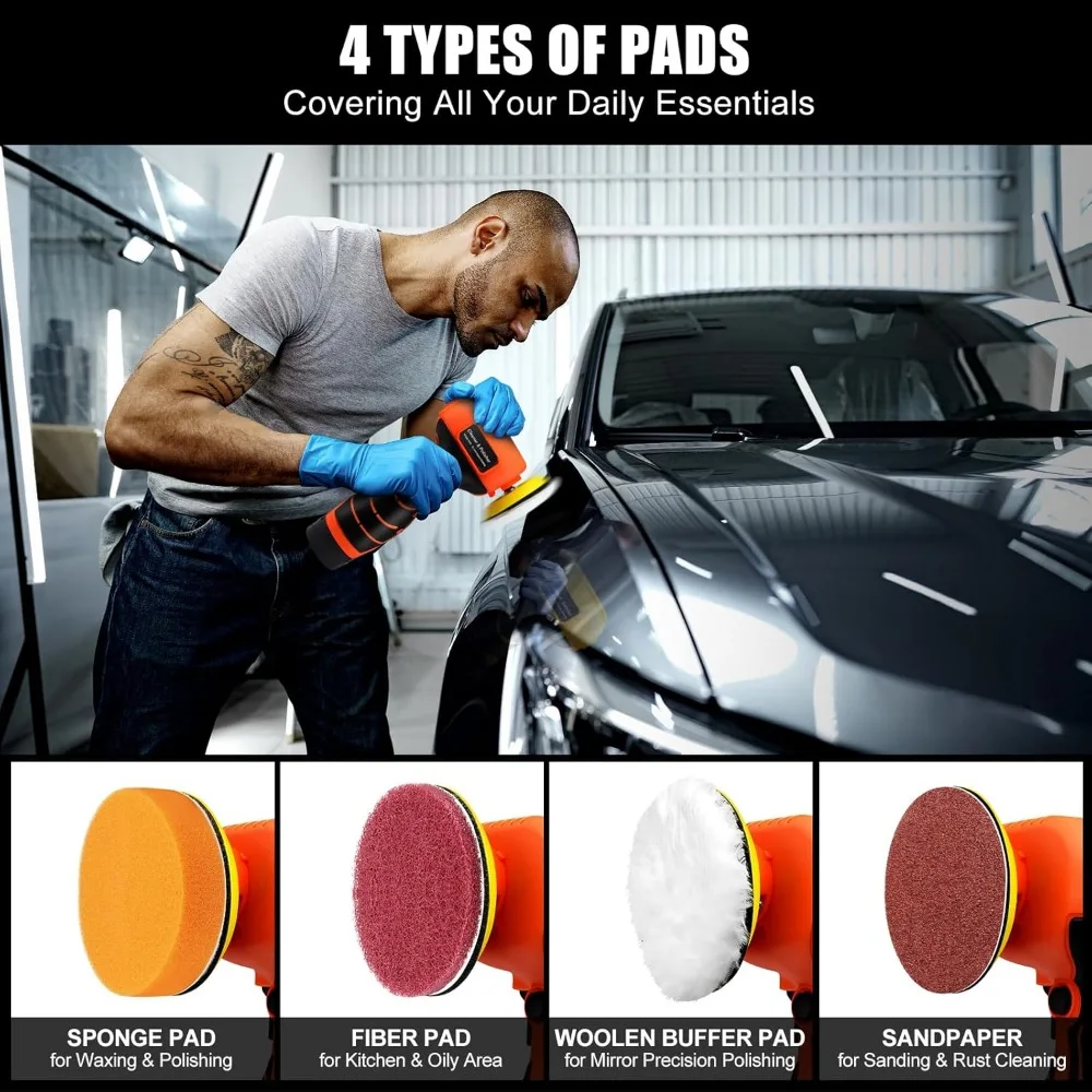 Lijadora de palma inalámbrica de 3" con 2 baterías, pulidora de 3500RPM, 30 accesorios para lijar, pulir, encerado y limpiar