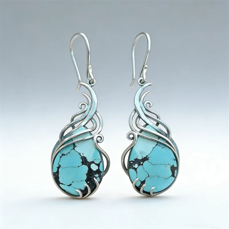 Vintage Blue Stone Boho Earrings Womens Exquisite Silver Color Metal Geometry Hollow Wedding Dangle Earrings 2022 Jewelry