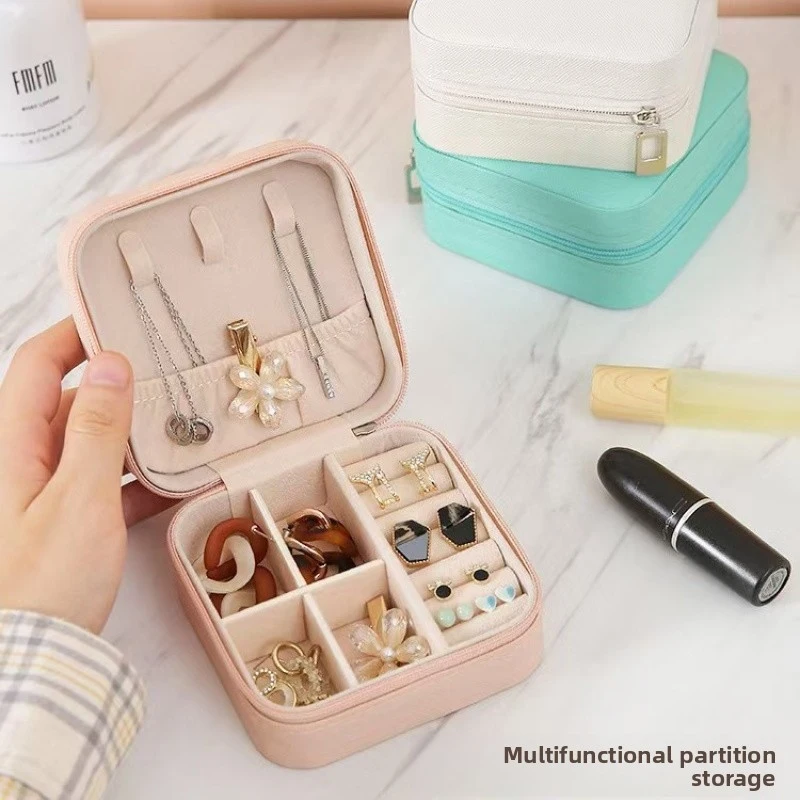 New High-End Luxury Compact Cross Pattern Leather Earring Ring Necklace Jewelry Box Travel Jewelry Storage Box Women Gifts
