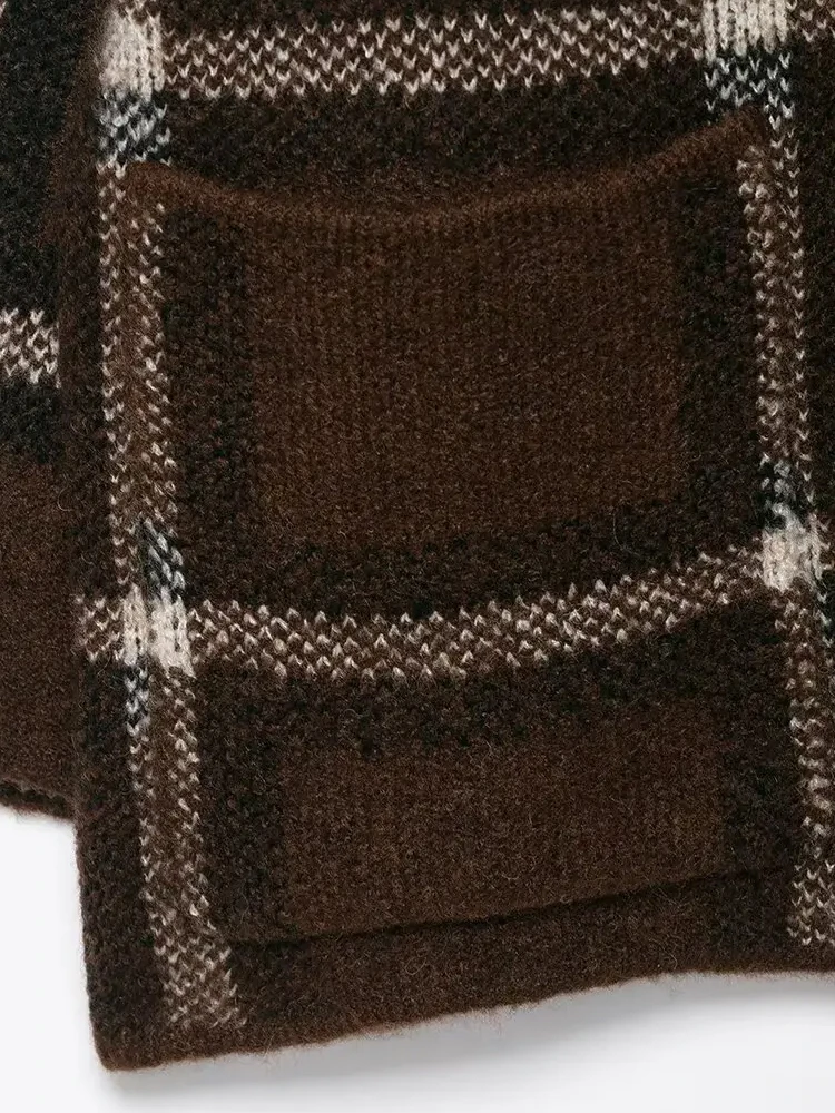 HH 2026 Woman Casual Plaid Scarf Collar Pocket Decoration Long Sleeve Knitted Street Coat Female Loose Casual Short Cardigan Top