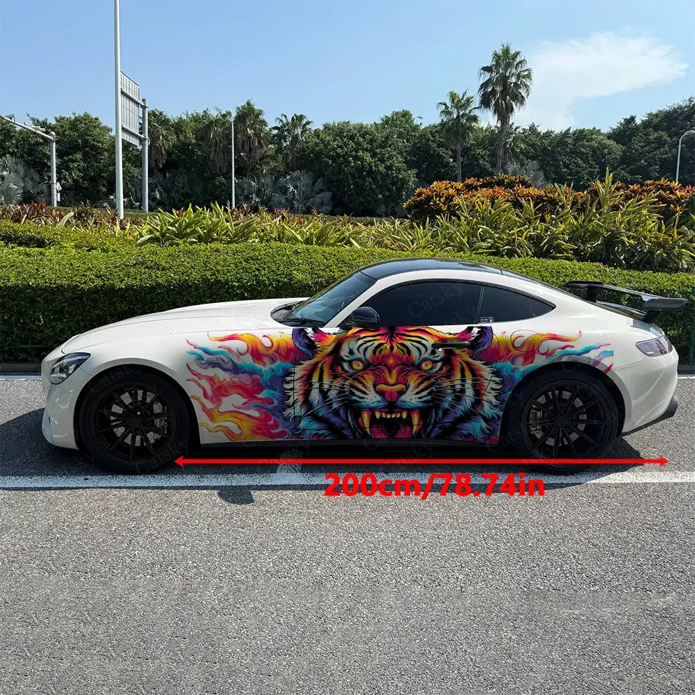 2pcs Brilliant Hue Flame Tiger Car Side Wraps, Self-Adhesive PVC Waterproof & Scratch-Resistant Stickers, Car Accessory Gift