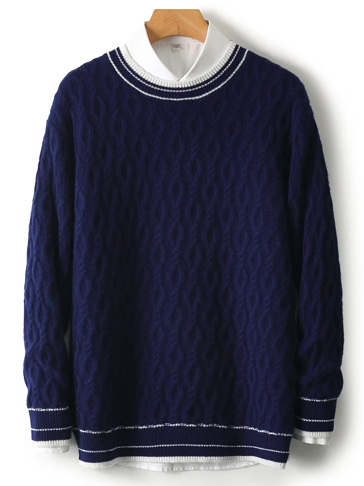 2025 Men's Autumn Winter O-Neck Pullover Casual Loose 100% Merino Wool Knitted Sweater Warm Comfortable Business Clothing Tops