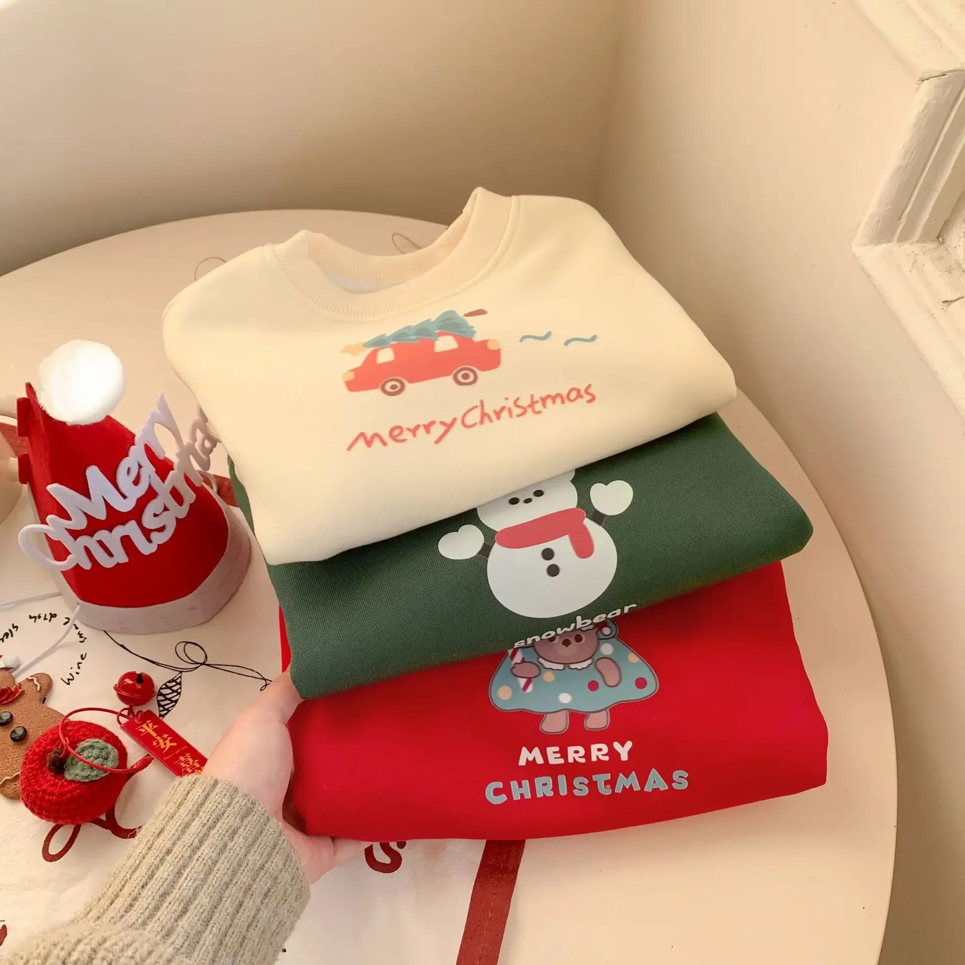 Christmas Kids Sweatshirts Autumn Winter Children\'s Plush Christmas Children\'s Clothing Baby Cartoon Warm Sweatshirts Tops
