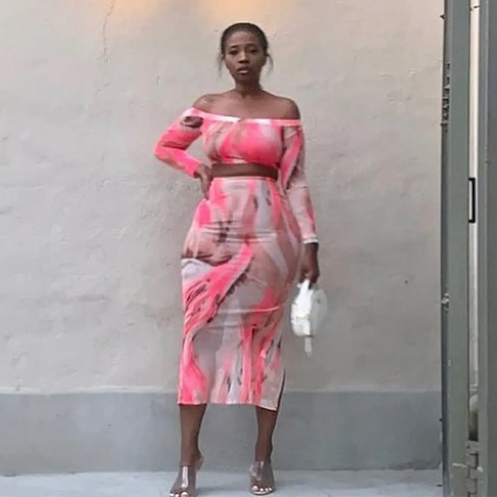 

K9726 Женский модный сетчатый костюм с юбкой с длинными рукавами и принтом в европейском и американском стиле с разрезом сзади для повседневных мероприятий