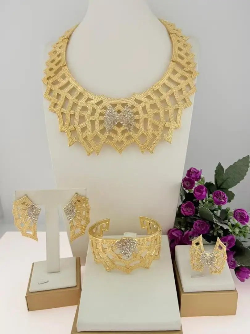 

New In Luxury Dubai 18K Gold Plated 4Pcs Jewelry Set Two-Tone CZ Crystal Necklace Earrings Bracelet Ring for Women Wedding Party