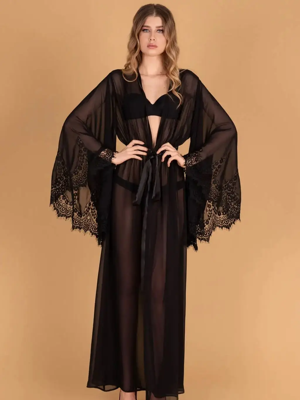 Sexy Lace Women's Robe V Neck Long Sleeves Appliques Nightgown Black Lady Party Sleepwear Sheer Evening Dresses Customized