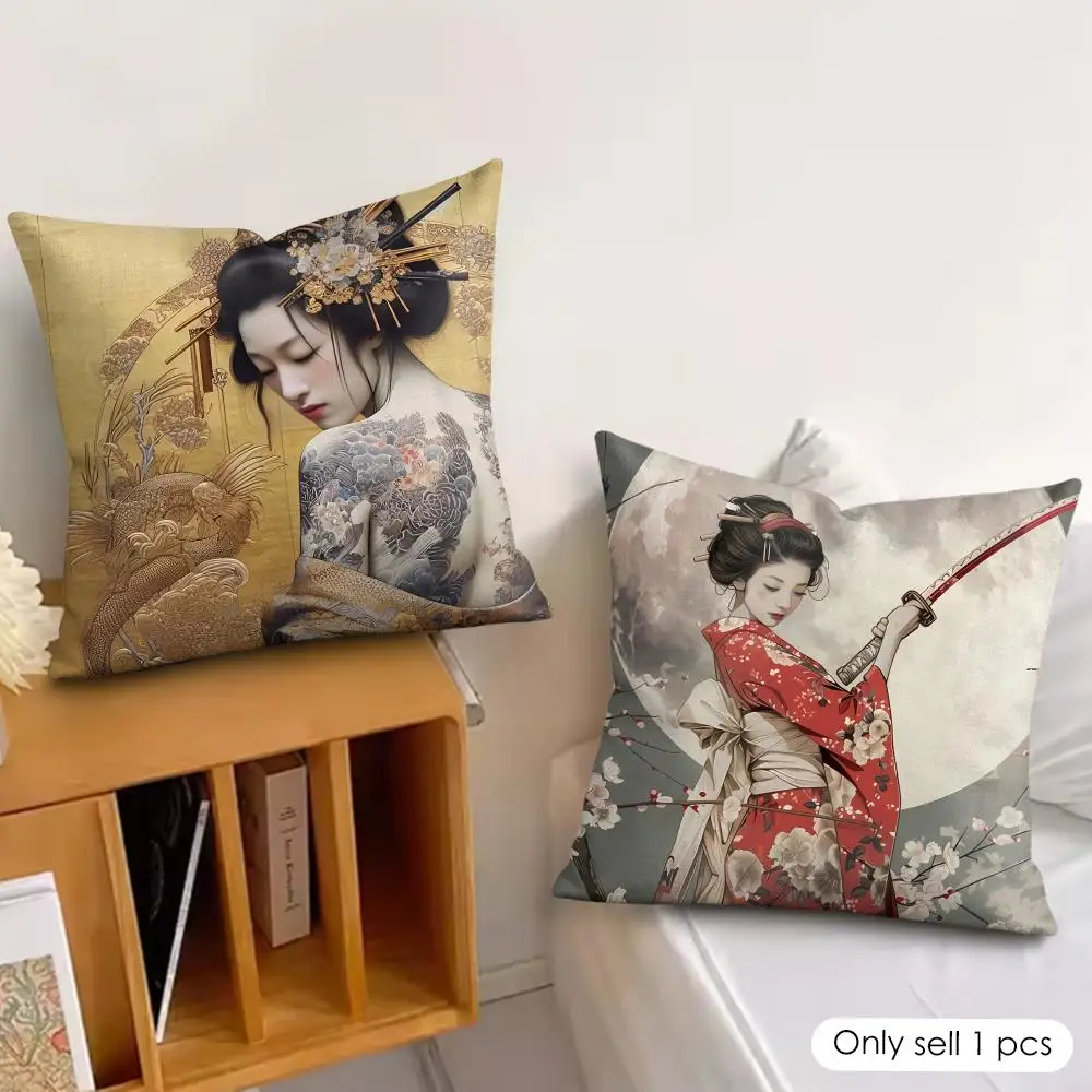 Japan Female Samurai Cushion Cover Silky Short Plush Invisible Zipper Dustproof Sofa Pillow Case For Home Decor