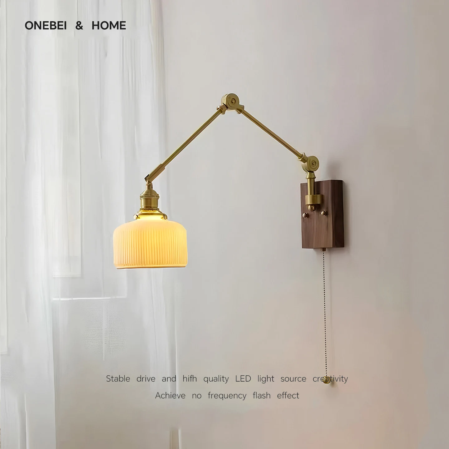 ONEBEI Japanese Retro Zipper Switch LED Long Arm Swing Wall Lamp Brass Ceramic Wall Lamp Living Room Bedroom Decorative WallLamp