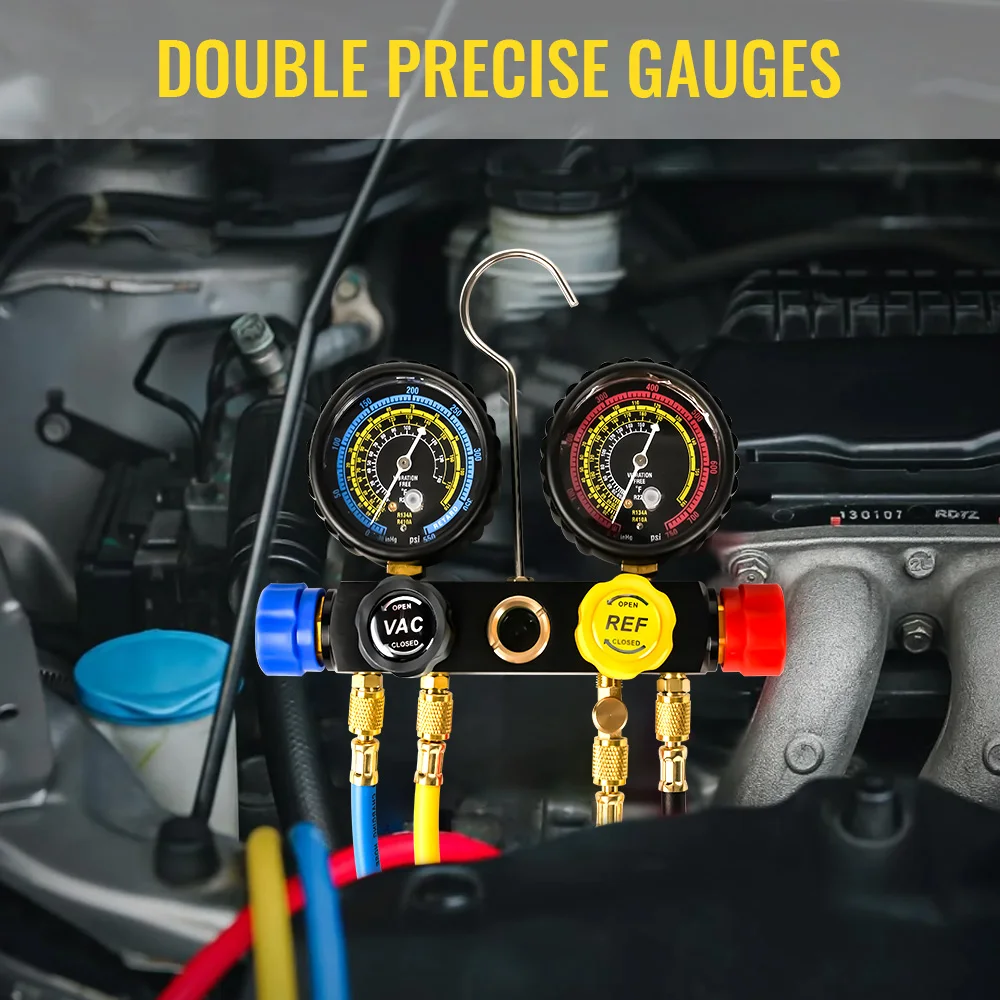 Upgraded 4-Way Air Conditioner Manifold Gauge Kit for R134A R410A R404A R22 Refrigerant with 5 ft Hose and 3 Acme Tanks for Fit