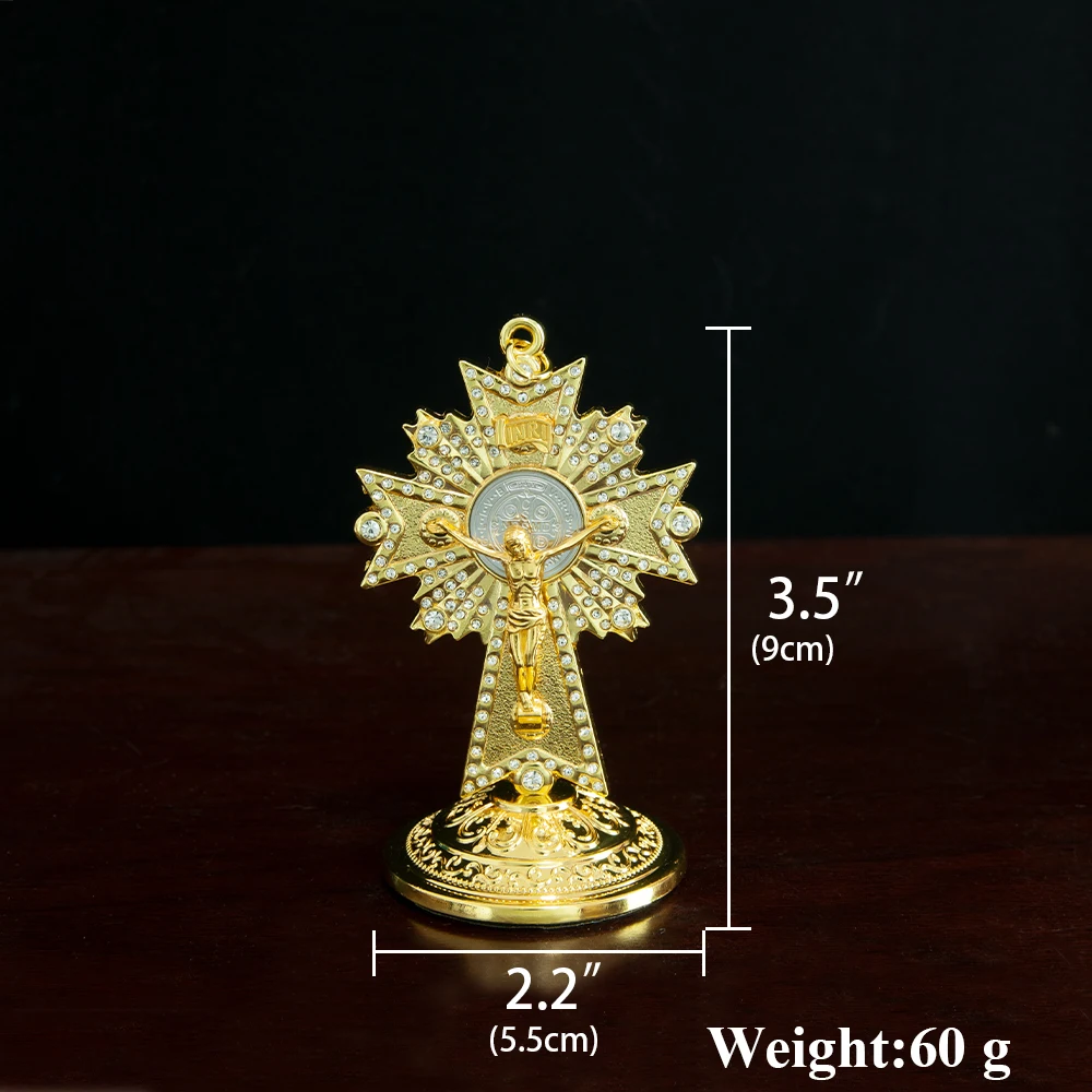 HTISOK Vergoldetes Katholisches Kirchenkreuz mit Ständer, Kirchen-, Heim- und Autodekoration, Jesus-Kruzifix, religiöses Kunsthandwerk, Geschenk – Detail 1