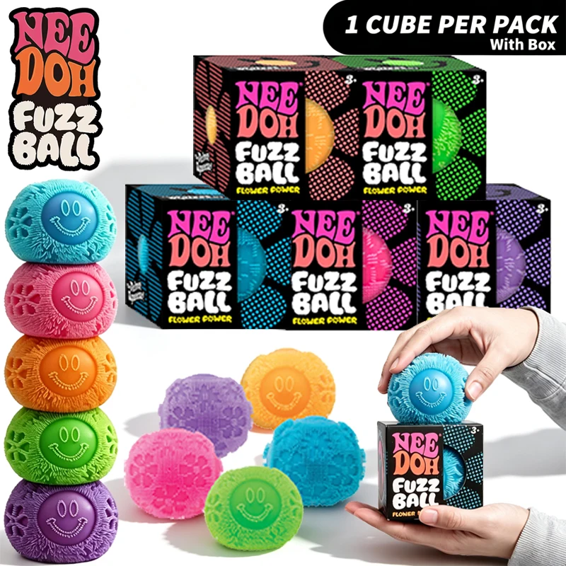 Needoh Fuzz Ball Flower Power Sensory Toy Quick Rebound Soft Velvet Smiley Face Squeeze Emotional Release Desk Accessory Gift