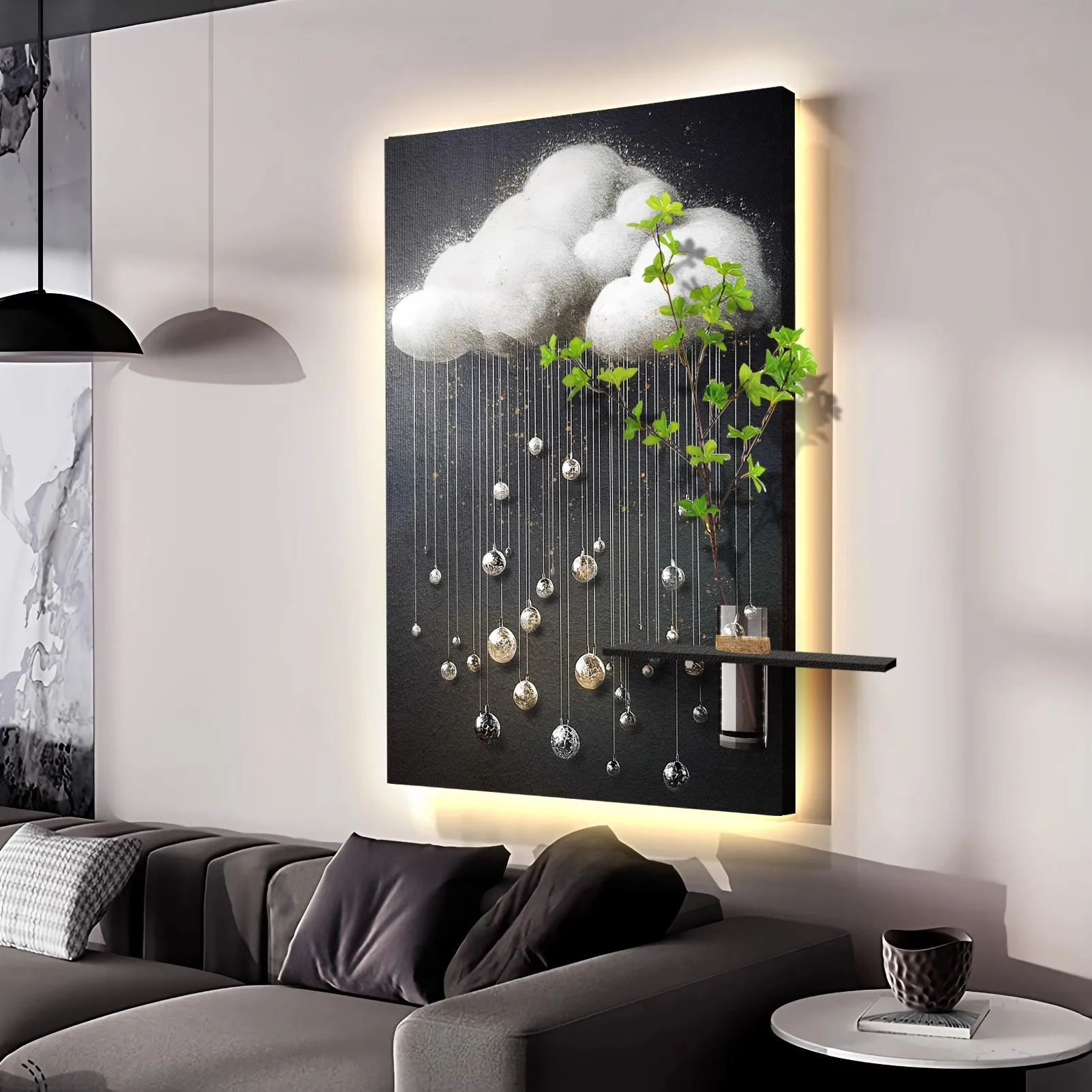 #Black And White Minimalist Living Room Decorative Painting Hydroponic Green Plants Entrance Threshold Atmosphere Light Painting