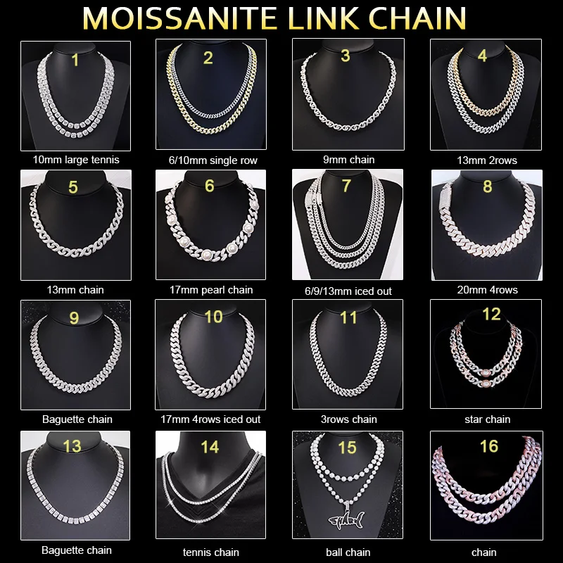 Plated .Black Gold VVS Iced Out Mossanite Cuban Gra Chain Hiphop Jewelry Men 6mm Black 925 Silver Moissanite Cuban Necklace