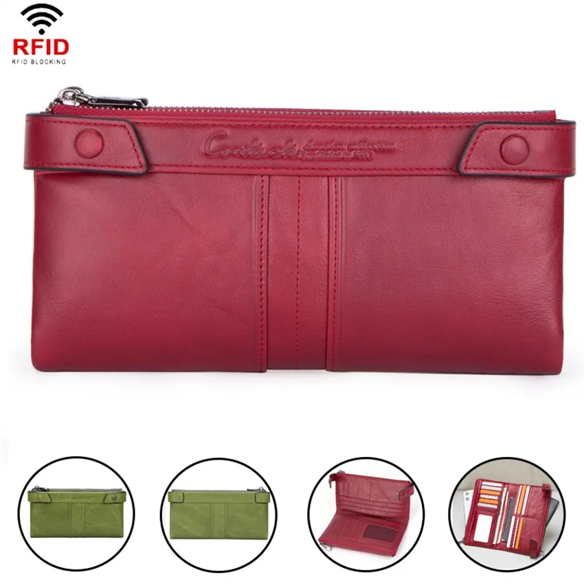 

Retro Women's RFID Blocking Wallet Cowhide Clutch Bag Zipper Long Wallet Cellphone Bag Billfold Bank/ID Card Holder Wallet