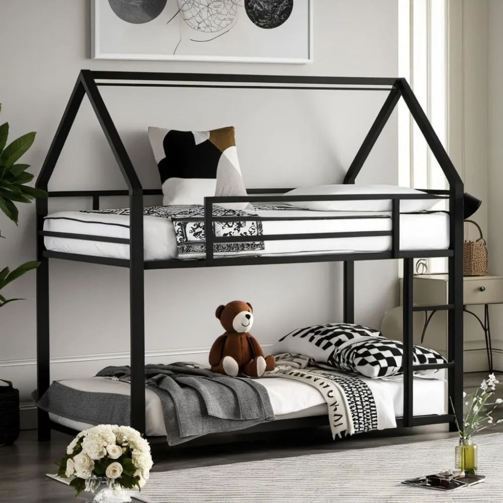 Twin Over Twin Metal Floor Bunk Bed with Safety Guardrails and Roof Design House Shaped Bunk Bed Frame