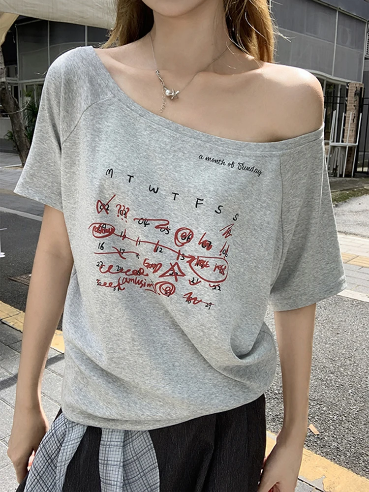 

Short Sleeved O-Neck Letter Pure Cotton T-shirt for Women's Summer New Fashion Casual Gray Base Loose Top S350