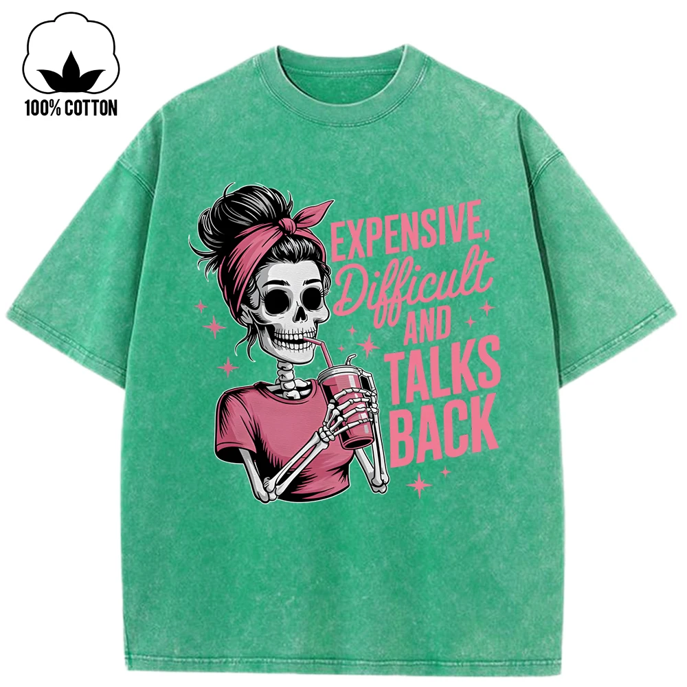 เสื้อยืดผู้หญิงลายหัวกะโหลกพิมพ์สีชมพู แบรนด์ Expensive Talks Back ทรงหลวม คอโอ ผ้าฝ้าย สไตล์สตรีทแวร์ สำหรับฤดูร้อน