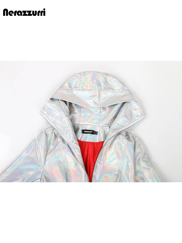 Nerazzurri Autumn Extra Long Windproof Waterproof Shiny Reflective Silver Holographic Patent Faux Leather Coat Women with Hood