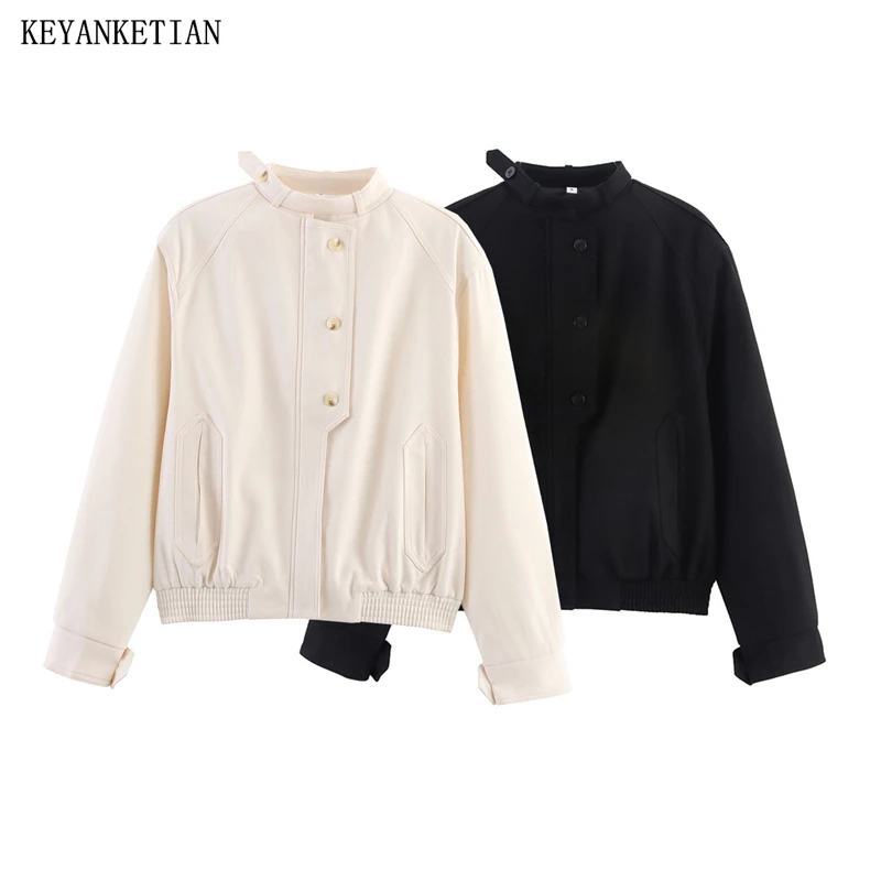 

KEYANKETIAN 2026 Spring New Women's Asymmetrical Single Breasted O-Neck Jacket Leisure style Screw Thread Patchwork Blazer Top
