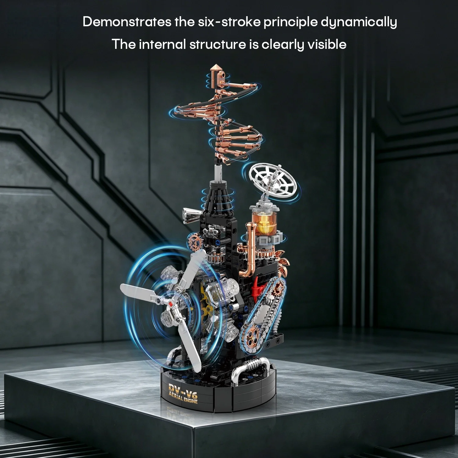 V6 Aerial Engine Motorized Mechanical MOC Building Blocks Retro Steampunk Helicopter Motor Model Assembly Bricks Toy Gifts