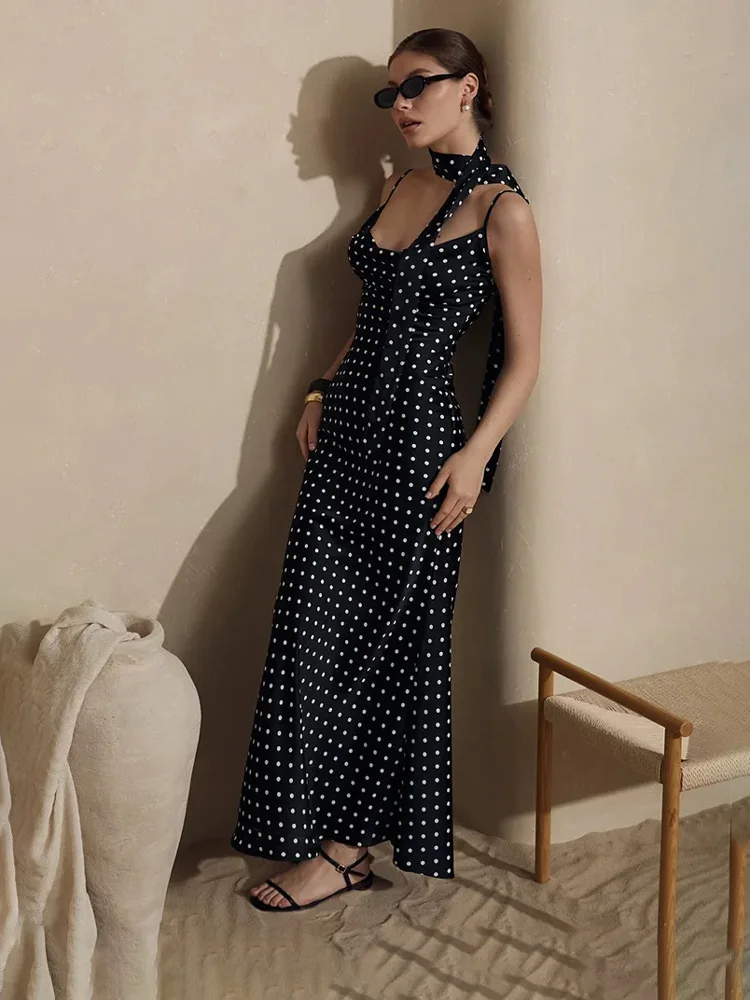 

Tossy Fashion Printing Polka Dot Long Dress For Women Sleeveless Slim Contrast Lace-Up V-Neck Party Dress Female Maxi Dress 2026