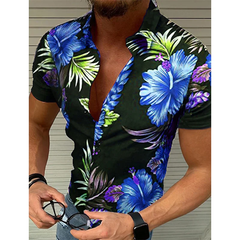 Camisa hawaiana con patrón de hojas florales para hombre, camisas Aloha con estampado 3D de plantas coloridas, blusas de solapa transpirables sueltas de manga corta