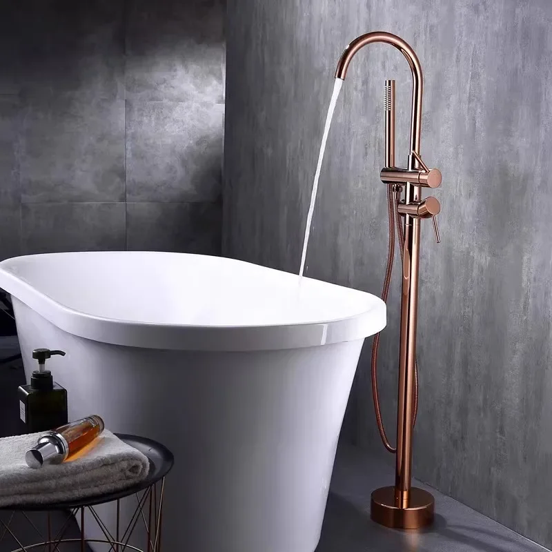 

Rose Gold Bathroom Matte Black Floor Standing Bathtub Faucet Shower 360 Rotation Swivel Spout Handshower Tap Mixer