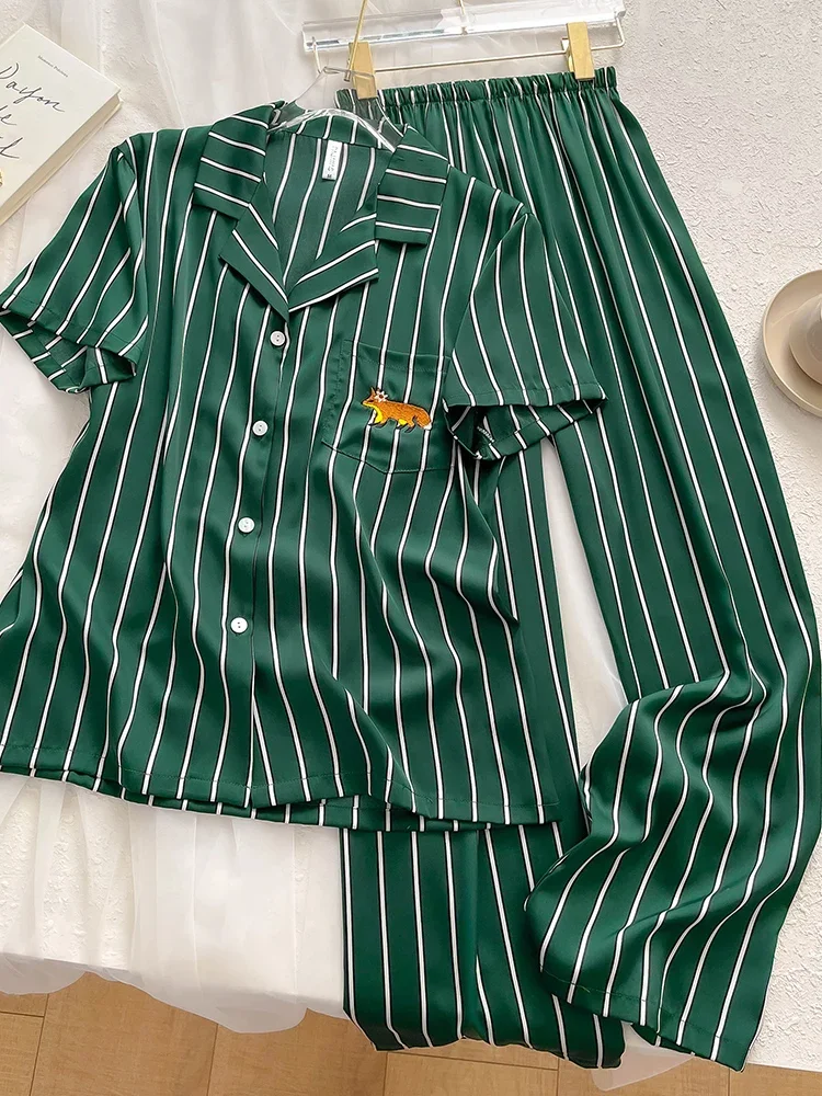 

New sleepwear high-quality 100% silk couple striped home clothes short sleeved pants thin set