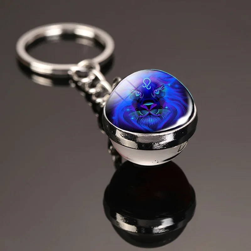 Creative 12 Constellation Key Ring Time Stone Double-Sided Glass Ball Metal Keychain Pendant Key Chain Accessories Fashion Gift images - 6