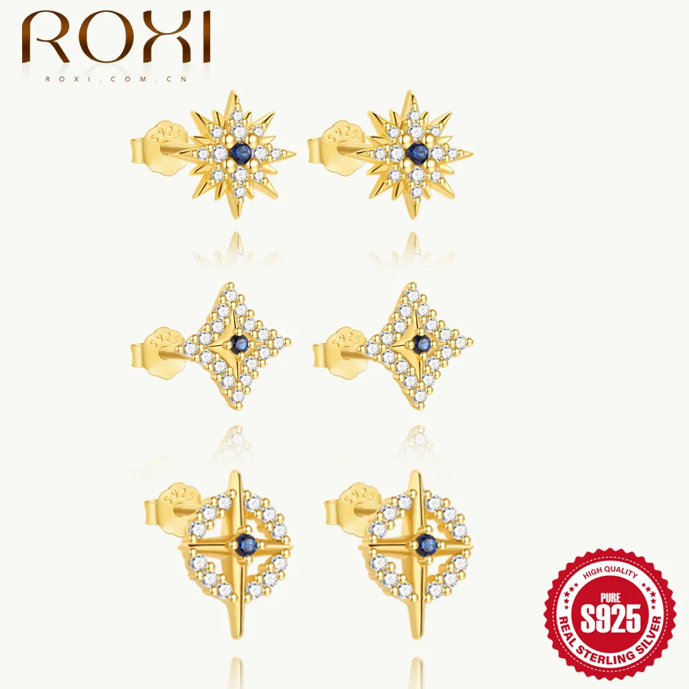 

ROXI 925 Sterling Silver Star Geometric Zircon Piercing Earring For Women Classic Fine Jewelry Minimalist Accessories