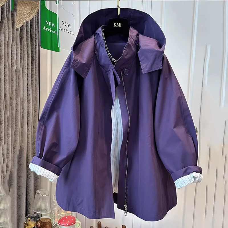 Solid Color Hooded Design Casual Assault Jacket Women 2026 Autumn New Fashionable Loose And Versatile Mid Length Windbreaker