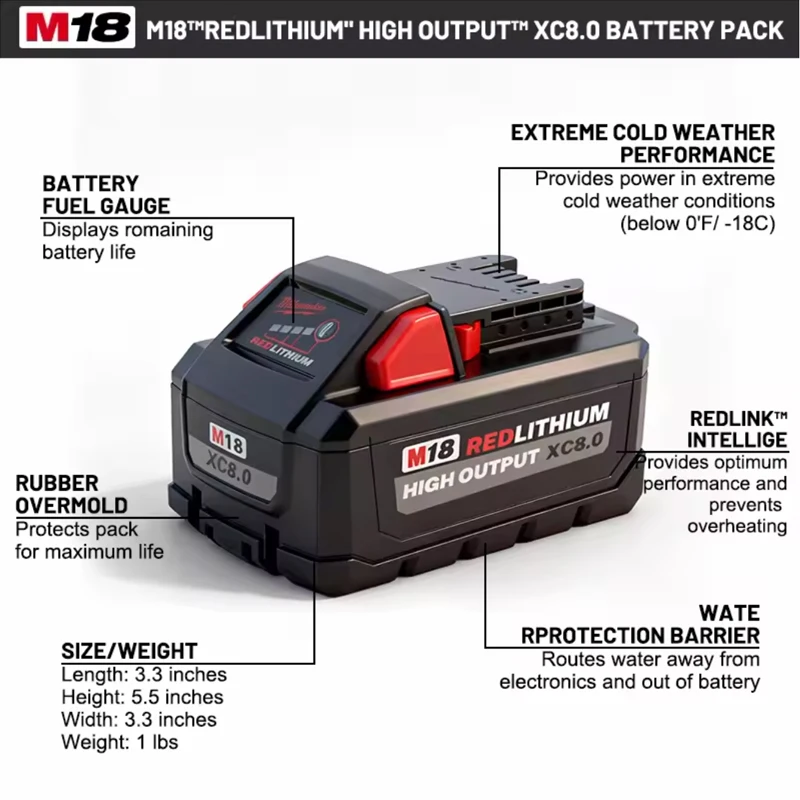 

100% Milwaukee M18 21700 18v 8000mAh Lithium Ion m18 8.0Ah Battery Compatible with 48-11-1860 Z50 Power Tools