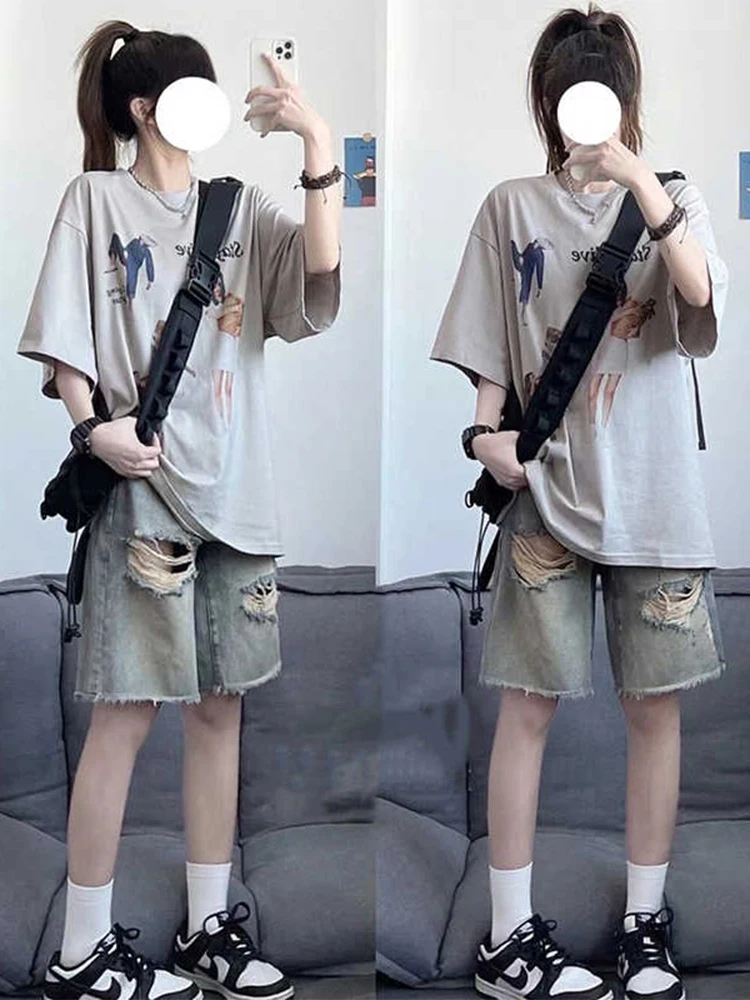 

Retro American High Street Distressed Denim Shorts Women Summer New Loose Straight Five-Point Pants Casual Style High Waist