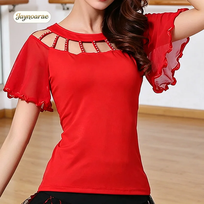 JAYNOARAE Ballroom Latin Dance Top Women Short Sleeve Mesh Trumpet Keyhole Round Neck Modern Performance Clothing